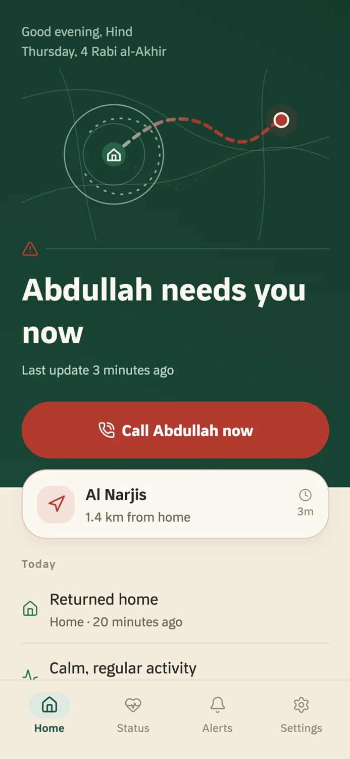 English caregiver home prototype showing an alert status
