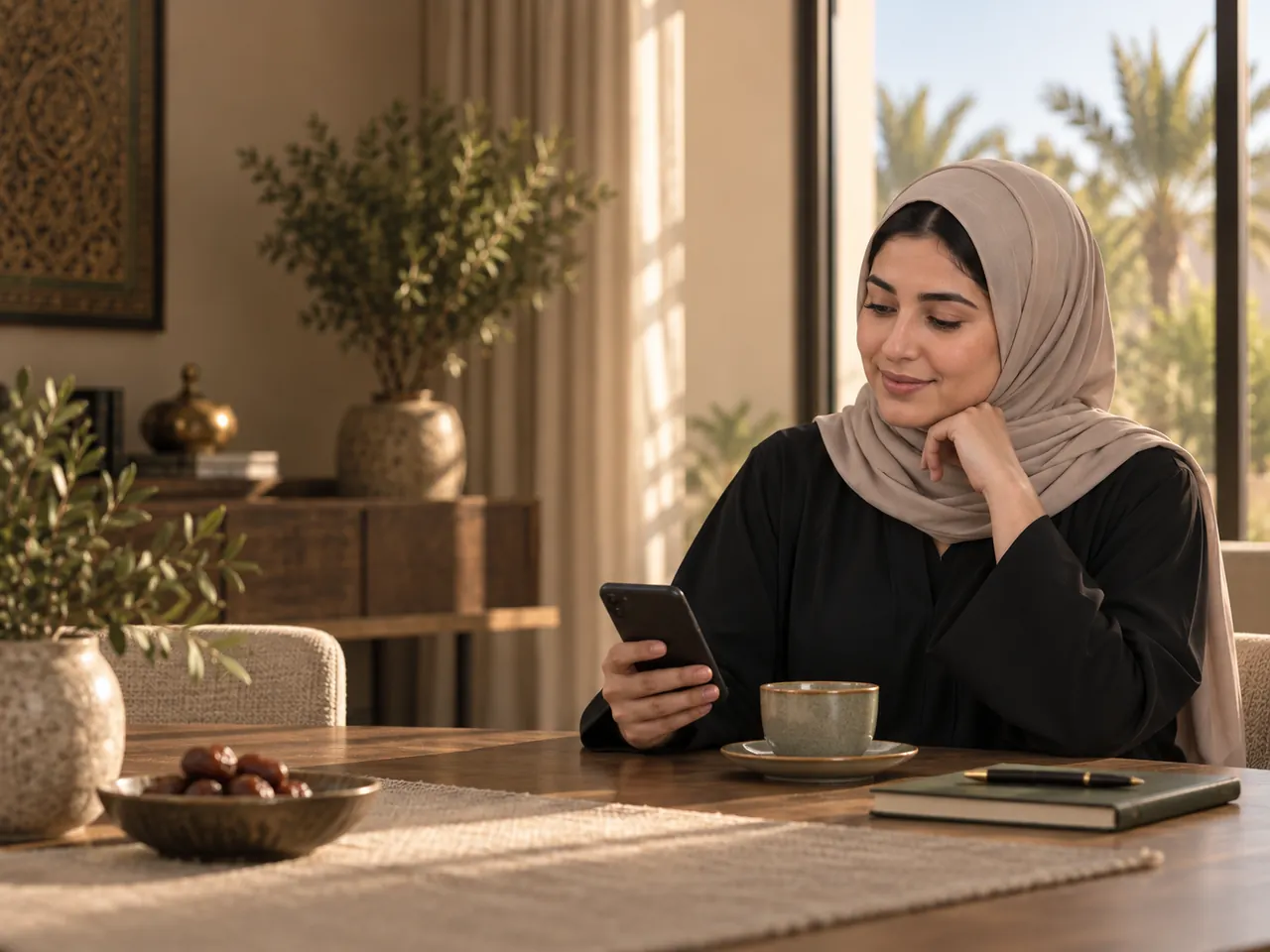 مشهد توضيحي لابنة سعودية بالغة تتفقد هاتفًا بهدوء في المنزل دون ظهور شاشته